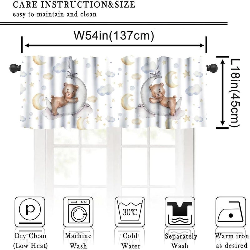 JanJCurt Cartoon Bear Window Valance, Cute Teddy Bear Sleeps Watercolor Moon Stars Print Blackout Short Window Curtain for Kitchen Baby Bedroom Nursery Living Room, 54x18inch - Image 5